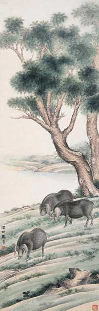 马晋 绿阴三豚图 轴